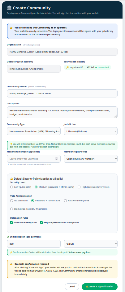 Community creation form with filled fields